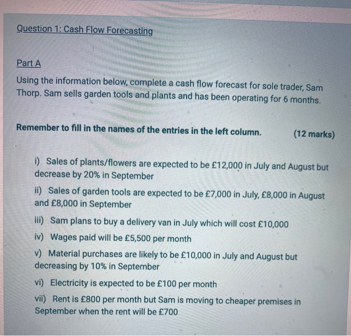 Question 1: Cash Flow Forecasting Part A Using