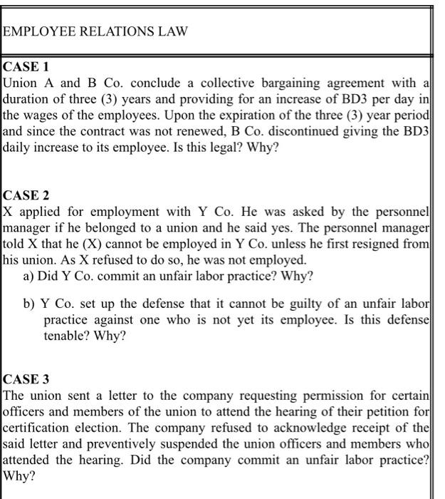 HR EMPLOYEE RELATIONS LAW CASE 1 Union A and B