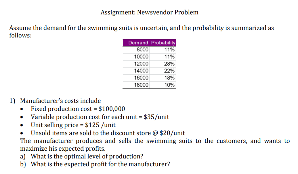 Assignment: Newsvendor Problem Assume the demand