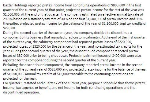 Baxter Holdings reported pretax income from