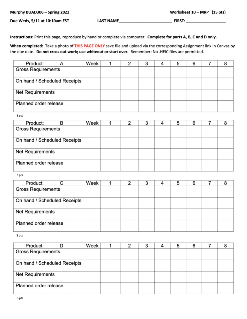 Murphy BUAD306 - Spring 2022 Worksheet 10 - MRP
