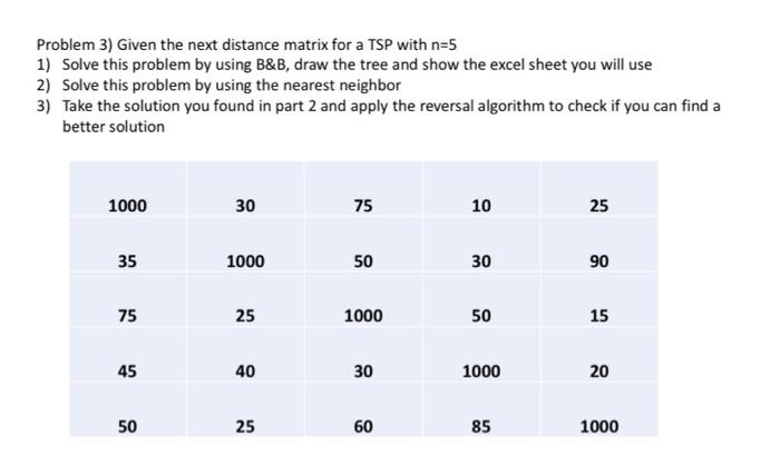 Problem 3) Given the next distance matrix for a