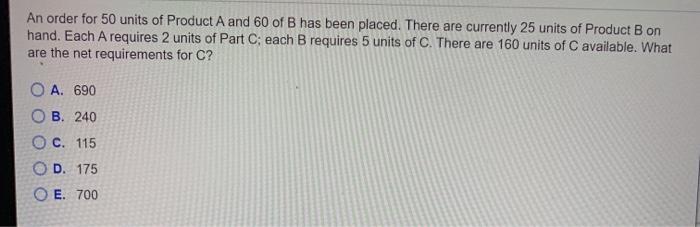 An order for 50 units of Product A and 60 of B
