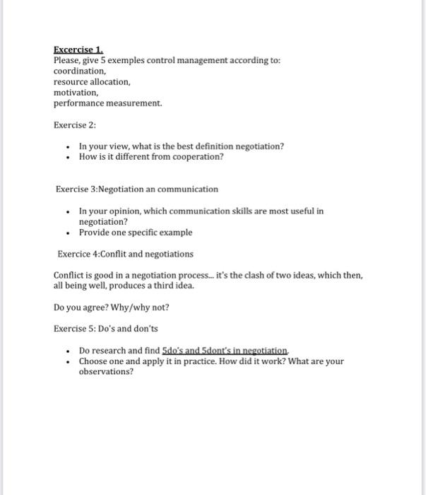 Excercise 1. Please, give 5 exemples control