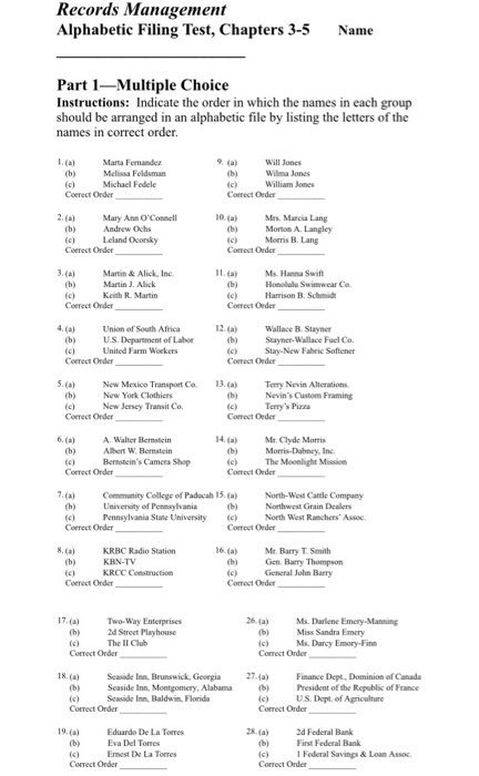 Records Management Alphabetic Filing Test,