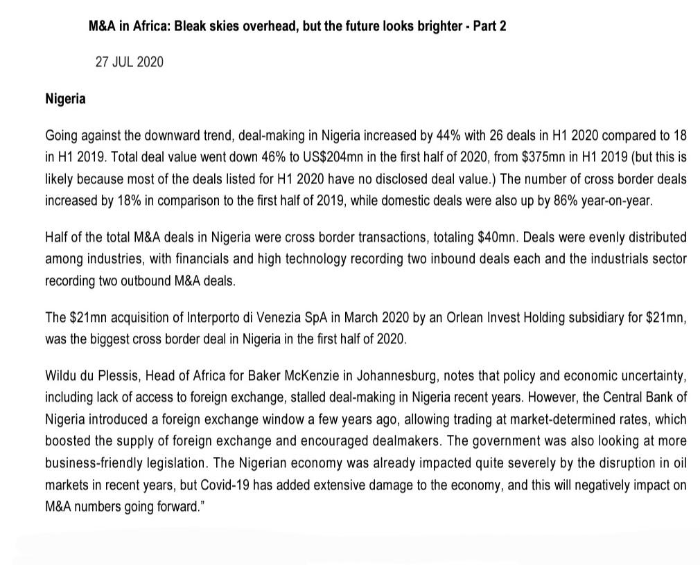 strategic management practices q2 M\&A in Africa: