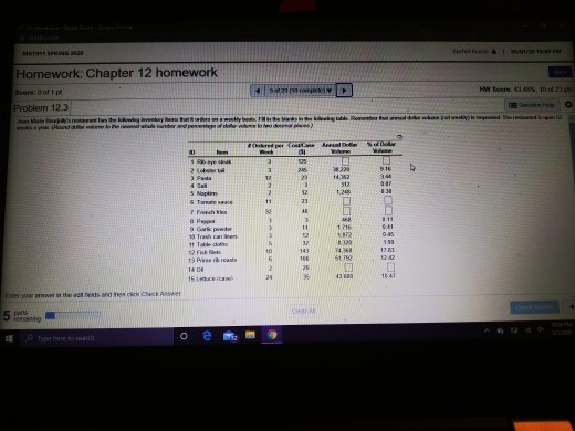 5 Homework: Chapter 12 homework Score: 0 D WW
