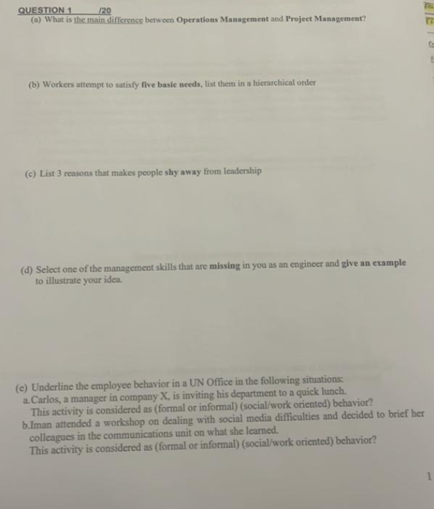 QUESTION 1 /20 (a) What is the main difference