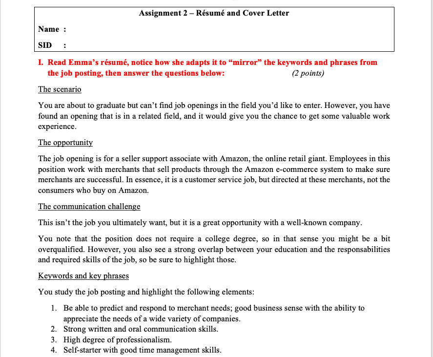 Assignment 2 - Rsum and Cover Letter Name : SID: