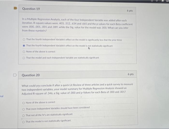Question 19 6 pts In a Multiple Regression