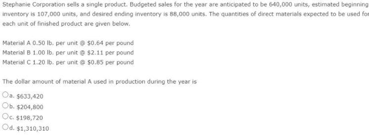 Stephanie Corporation sells a single product.