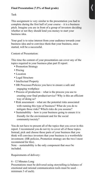 Final Presentation (7.5% of final grade) Task