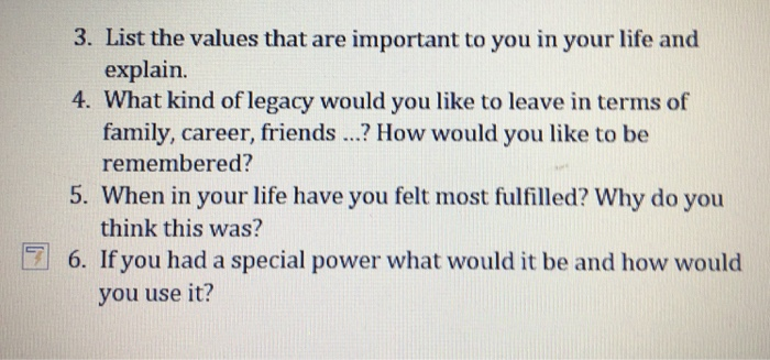 3. List the values that are important to you in
