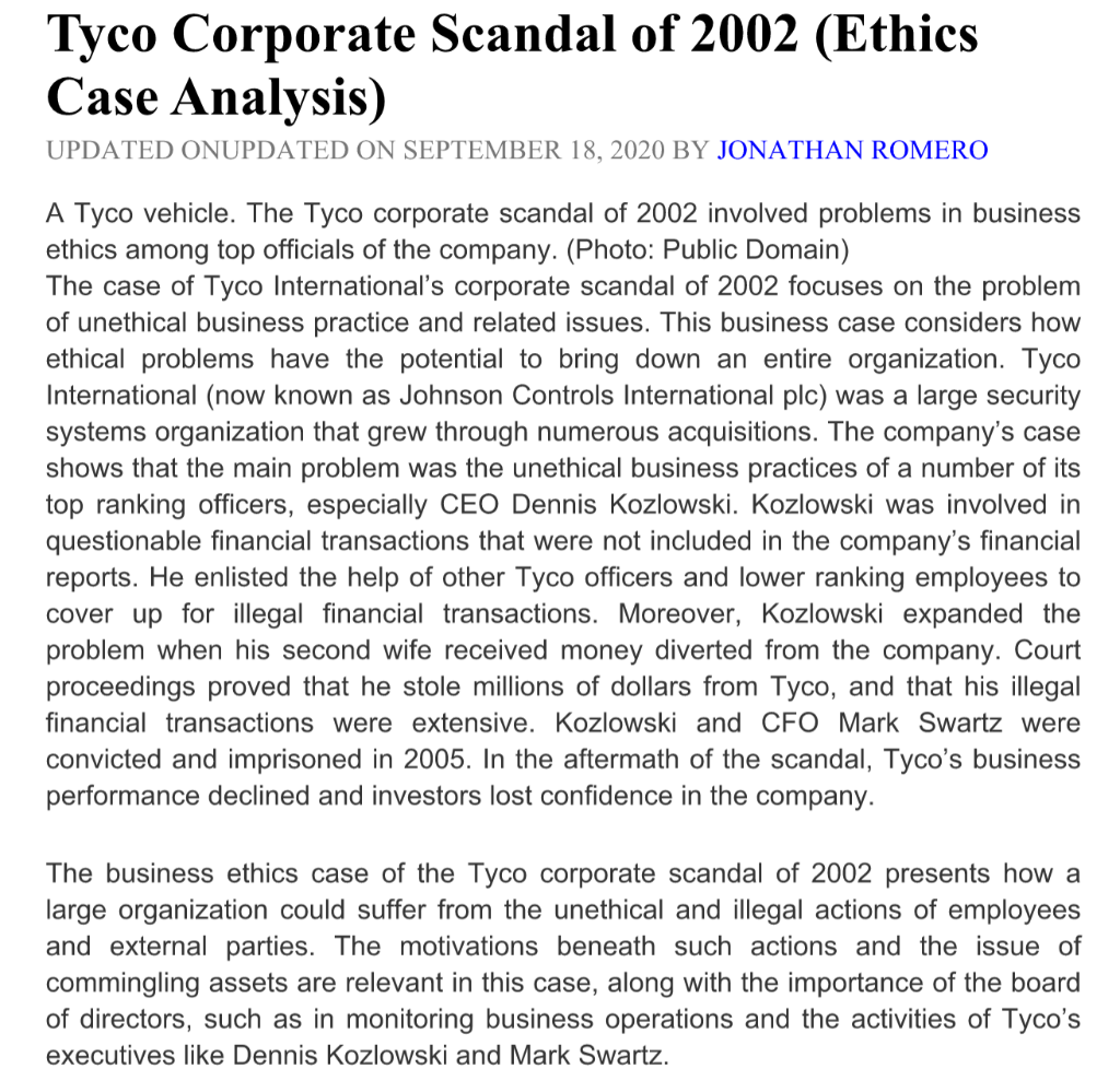 Tyco Corporate Scandal of 2002 (Ethics Case