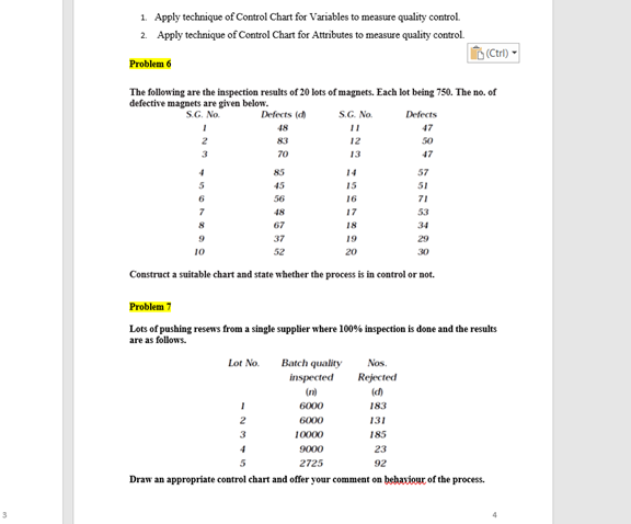 1. Apply technique of Control Chart for Variables