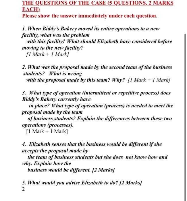 Case study: Biddy's Bakery (BB) 15 Questions are