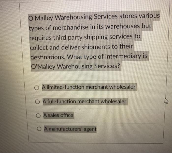 O'Malley Warehousing Services stores various