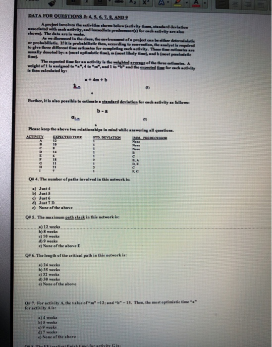 DATA FOR QUESTIONS : 4567 AND 9 A projet involves