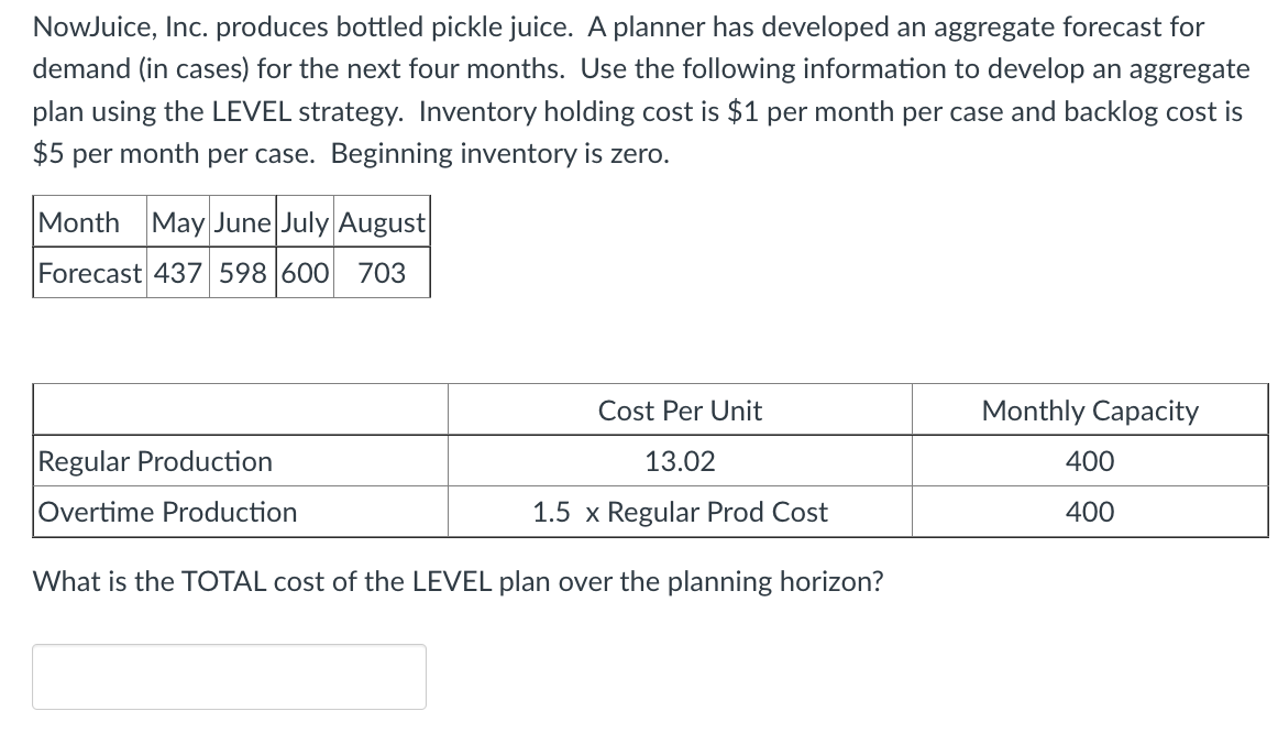 NowJuice, Inc. produces bottled pickle juice. A