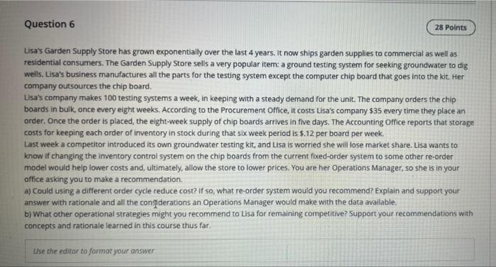 Question 6 28 Points Lisa's Garden Supply Store