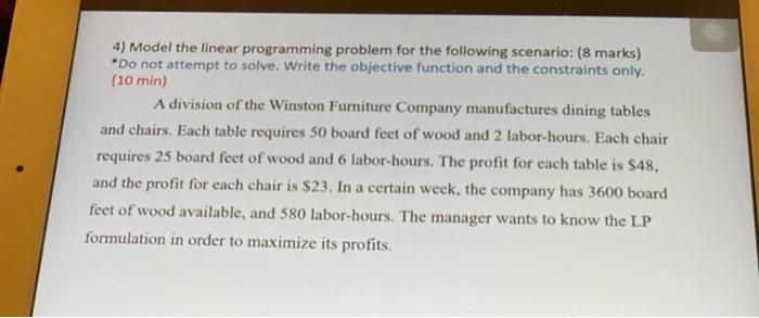 4) Model the linear programming problem for the