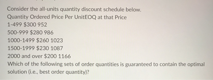 Consider the all-units quantity discount schedule
