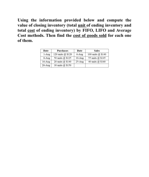 Using the information provided below and compute