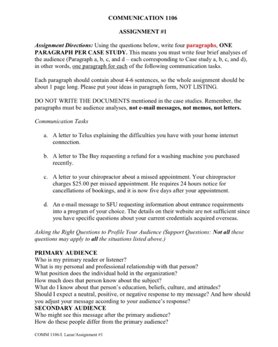 COMMUNICATION 1106 ASSIGNMENT #1 Assignment
