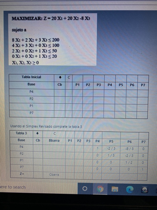 complete the table 3 using simplex revised