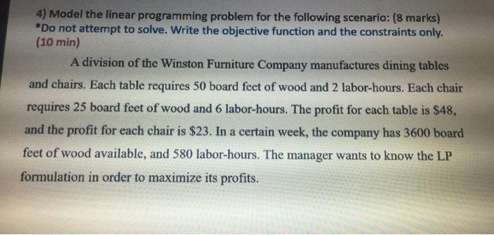 4) Model the linear programming problem for the
