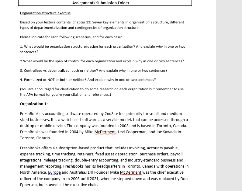 Organization structure exercise Based on your