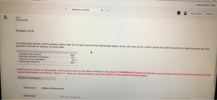 Instructions help Question 9 of 15) Sve & Submit