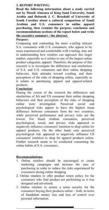 2. REPORT WRITING: Read the following information