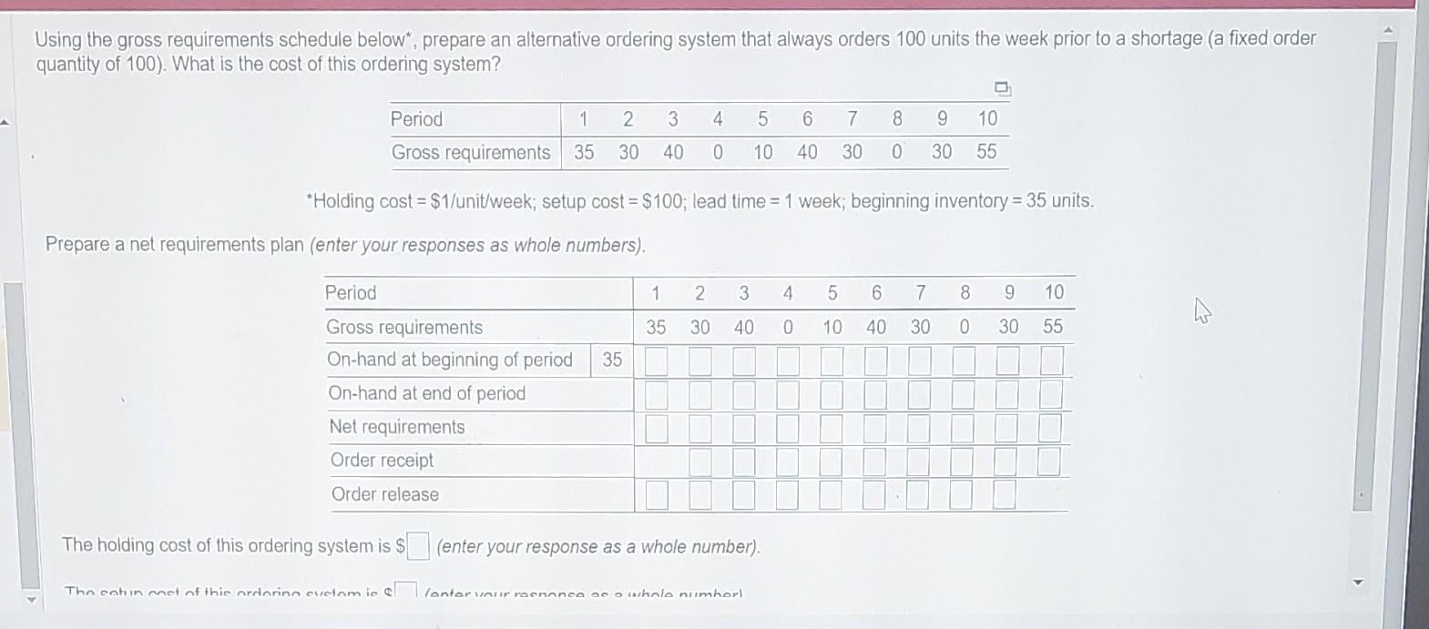 Using the gross requirements schedule below*,