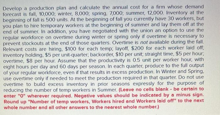 Develop a production plan and calculate the