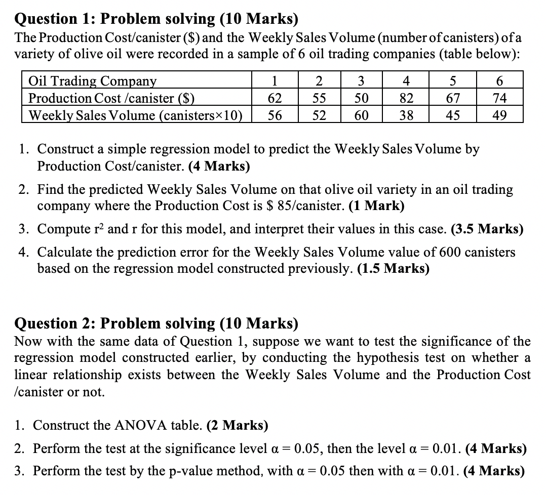 Question 1: Problem solving (10 Marks) The