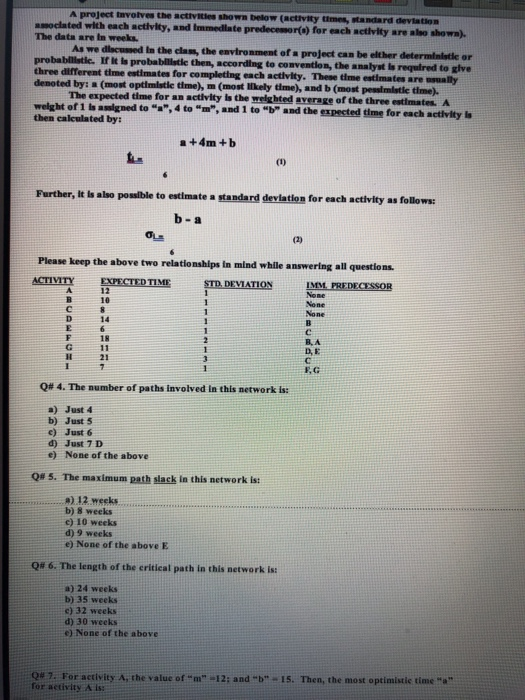 A project involves the activities shown below