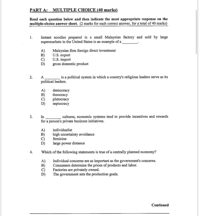 PART A: MULTIPLE CHOICE (40 marks) Read each