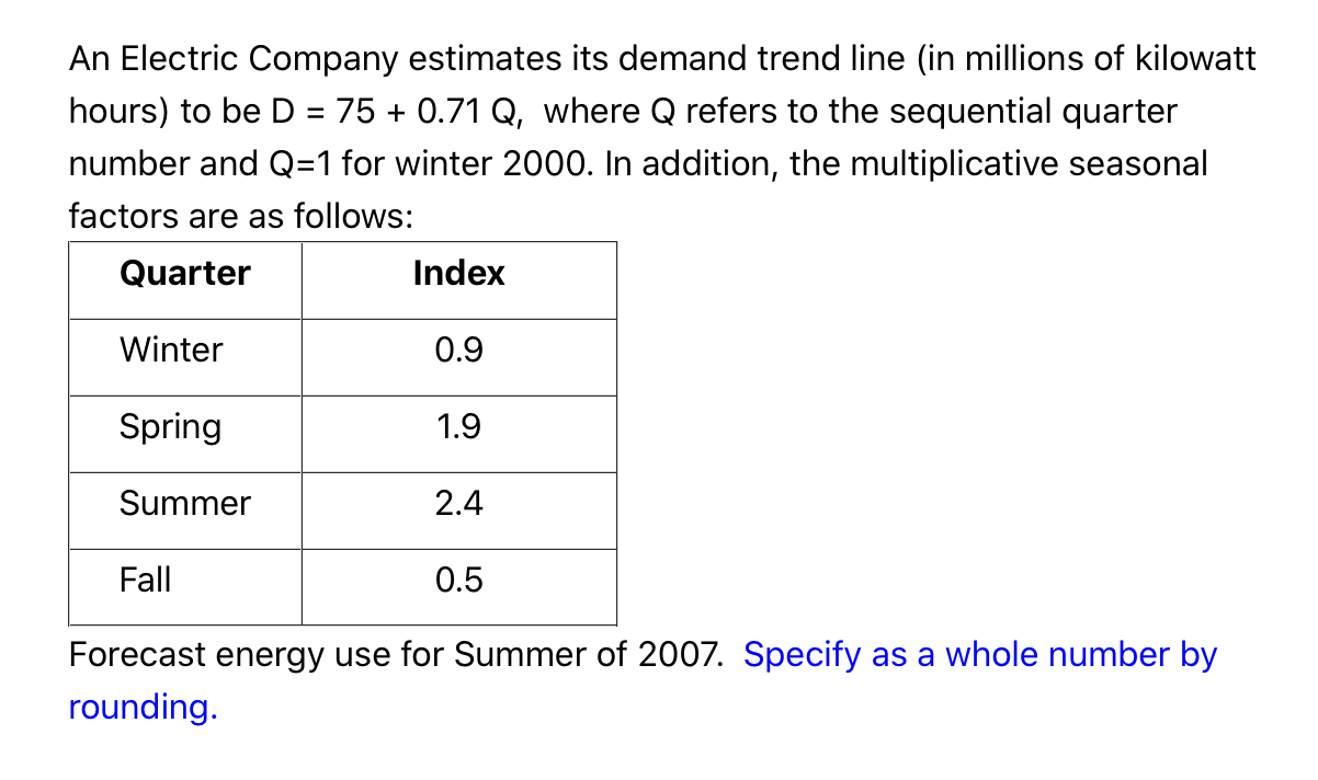An Electric Company estimates its demand trend