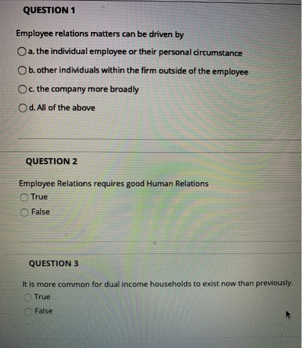 QUESTION 1 Employee relations matters can be