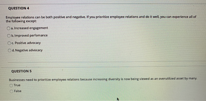 QUESTION 1 Employee relations matters can be