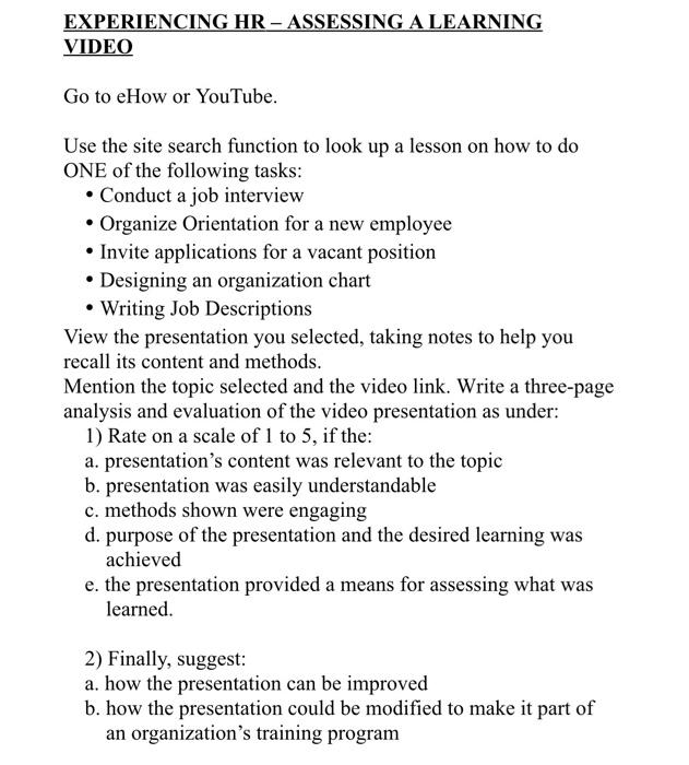 EXPERIENCING HR-ASSESSING A LEARNING VIDEO Go to