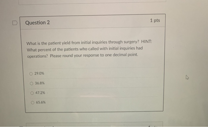 1 pts Question 2 What is the patient yield from