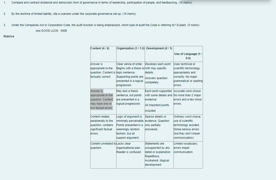 1. Compare and contrast dictatorial and