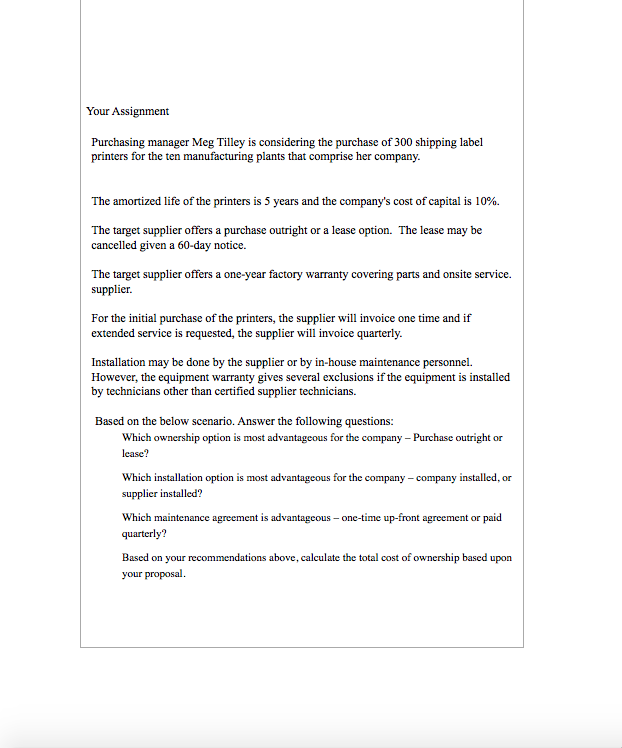 Your Assignment Purchasing manager Meg Tilley is