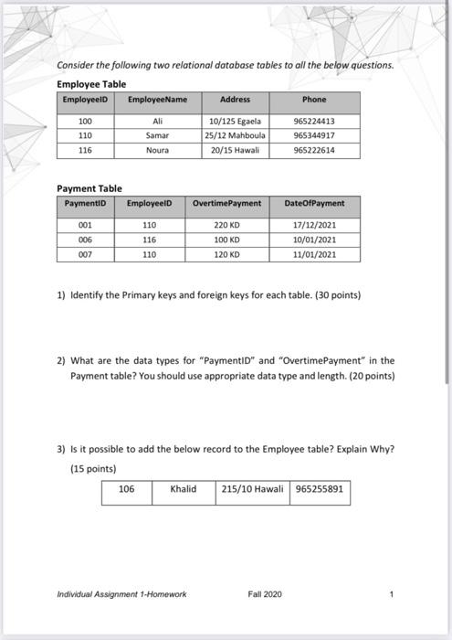 Consider the following two relational database