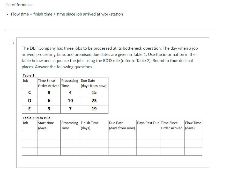 List of formulas: - Flow time = finish time +