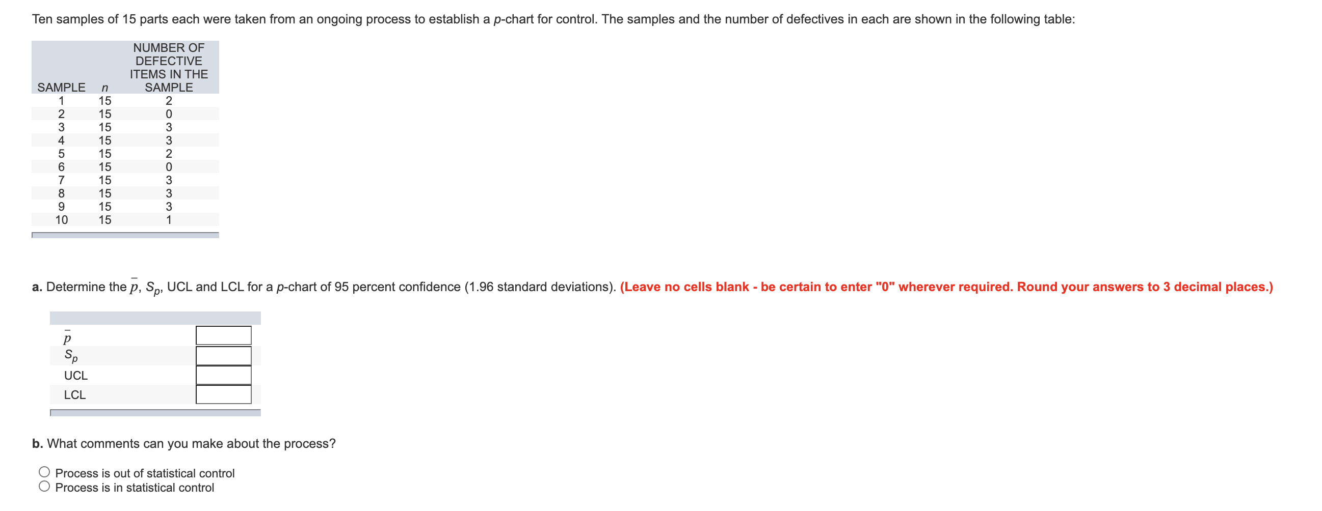 Ten samples of 15 parts each were taken from an