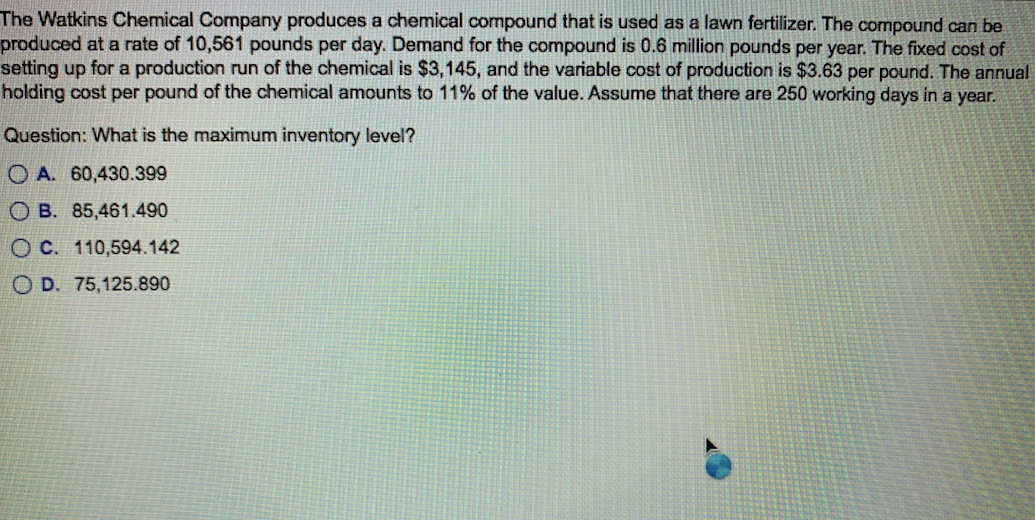 The Watkins Chemical Company produces a chemical