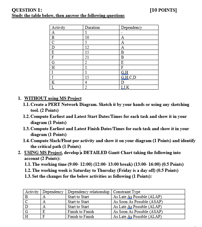 QUESTION 1: Study the table below, then answer